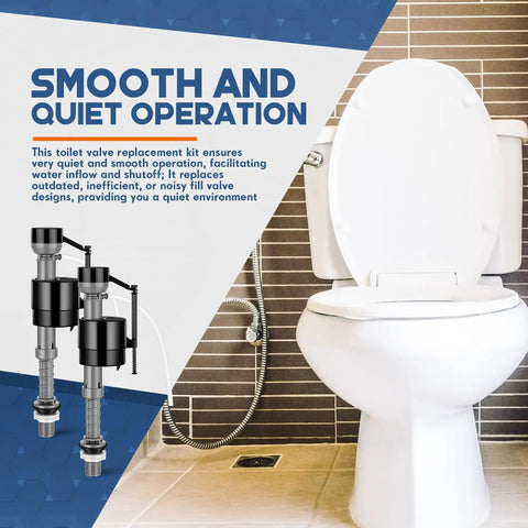 Heavy Duty Eight Count Toilet Fill Valve Replacement Kit Black Adjustable Flushing Tank with Quiet Operation in bathroom setting.