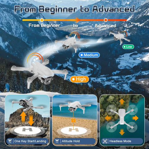 1080P Camera Drone For Adults And Beginners Foldable RC Quadcopter flying in scenic mountain landscape with control features displayed