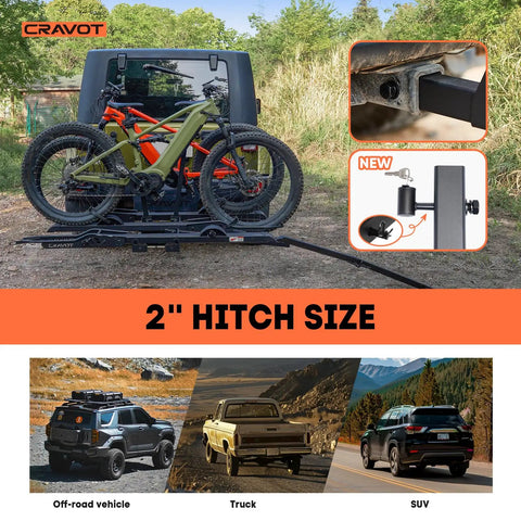 Beefy Ebike Rack With Ramp for 2 Inch Hitch, 300 Lb Capacity, Fits Bikes Up To 5 Inch Wide And 52 Inch Wheelbase, Stable V Shaped Design, Easy Load And Safe Transport on SUV