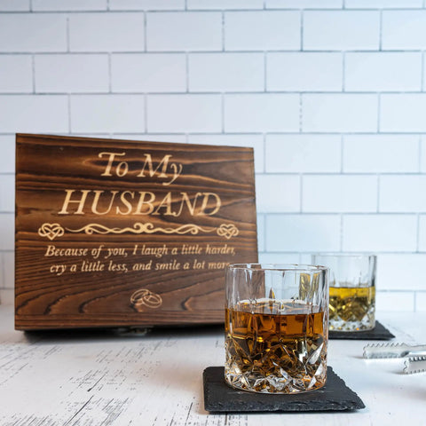 Engraved Whiskey Glass Gift Set For Husband With Whiskey Stones In A Pine Box Romantic Anniversary Present For Him A Keepsake