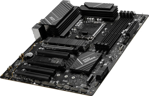 ProSeries Intel LGA1700 ATX Motherboard with DDR4, PCIe 4.0 slots, 12+1 power design, shown from an angled top-down view.