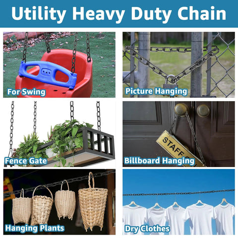 Utility uses of 26.2 Ft Black Chain Link Heavy Duty 3 Sixteenth Inch Carbon Steel Hanging Chain Kit including swings and gates