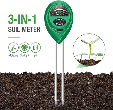 3 In 1 Soil Moisture Meter And pH Tester With Light Sensor for garden and farm with probes in soil, showing 3 readings.