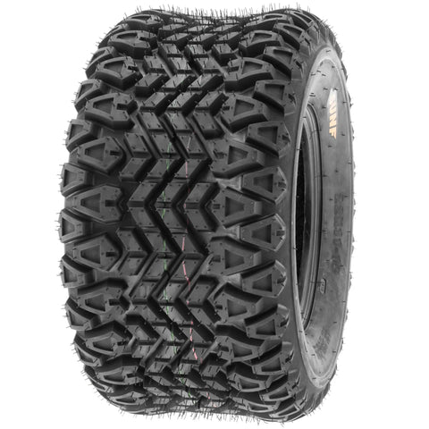 Close-up of one tire from set of 2 20x108 ATV UTV tires 4 ply heavy duty non directional tread built for quad golf cart lawn mower all terrain use puncture resistant replacement tire rim not included
