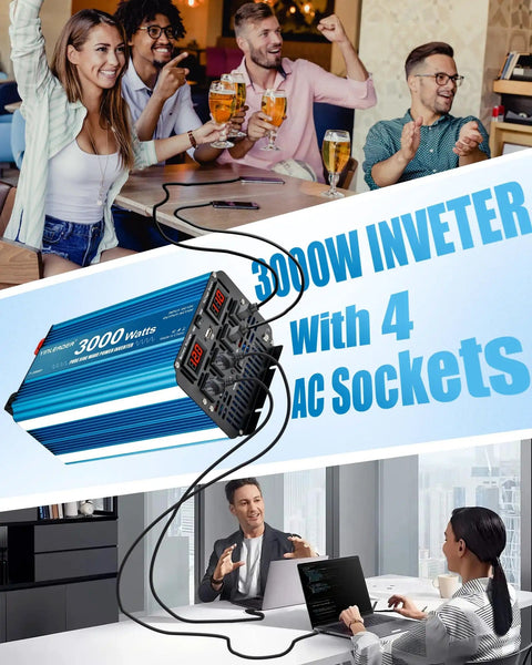 3000 Watt Pure Sine Wave Inverter Heavy Duty From 12V DC To 110V And 120V AC With LCD Display, 6000W Peak, 4 AC Outlets