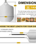 Front view of extendable aluminum pizza peel with painted handle; 12-inch blade and 38.5–49 inch reach.