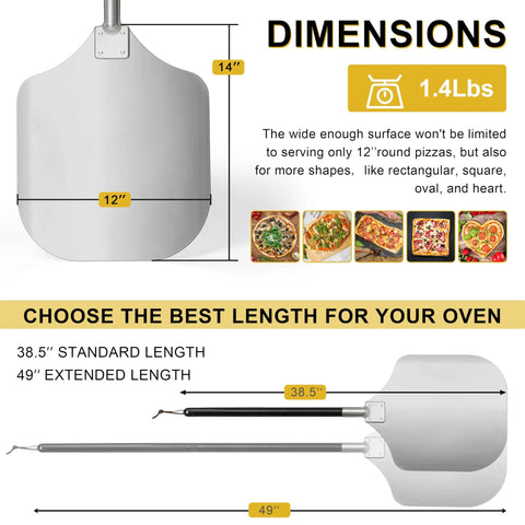 Front view of extendable aluminum pizza peel with painted handle; 12-inch blade and 38.5–49 inch reach.