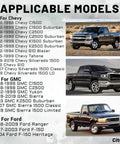 Image showing applicable models for Beefed Up 2 Inch Rear Lowering Shackle For Silverado And Sierra 1999-2019, 1988-1999 C1500 C2500 K1500 K2500 Suburban Direct Replacement 410520 Durable Leaf Spring Lowering Shackles With 1 To 2 Inch Drop.