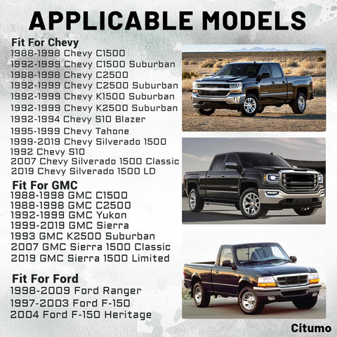 Image showing applicable models for Beefed Up 2 Inch Rear Lowering Shackle For Silverado And Sierra 1999-2019, 1988-1999 C1500 C2500 K1500 K2500 Suburban Direct Replacement 410520 Durable Leaf Spring Lowering Shackles With 1 To 2 Inch Drop.