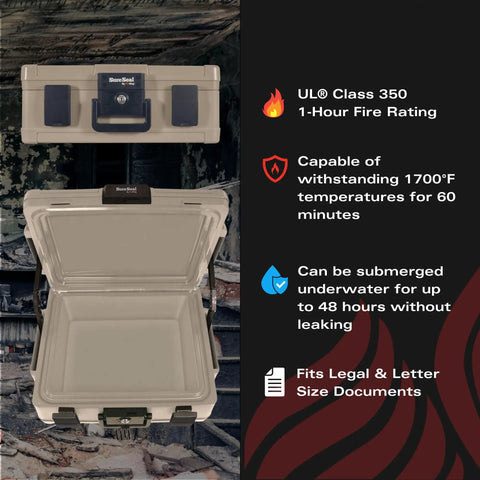 Portable Home Safe With Key Lock And Dual Latches, One Hour UL 350 Fire Rating Up To 1700 Degrees, 48 Hour Water Protection, Taupe Safe