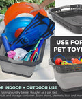 Big 25 Inch Collapsible Laundry Basket With Dual Comfort Grip Handles filled with toys, shown in indoor and outdoor settings