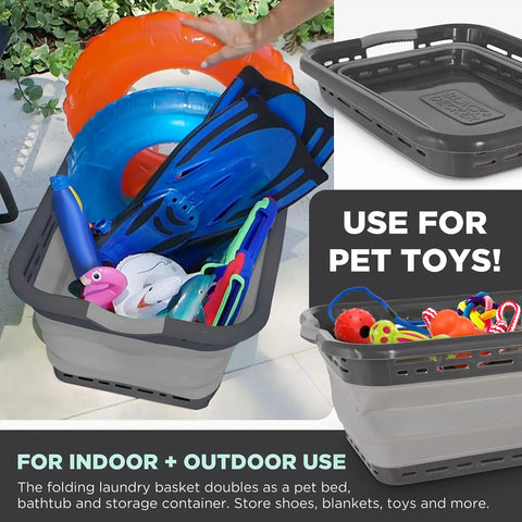 Big 25 Inch Collapsible Laundry Basket With Dual Comfort Grip Handles filled with toys, shown in indoor and outdoor settings