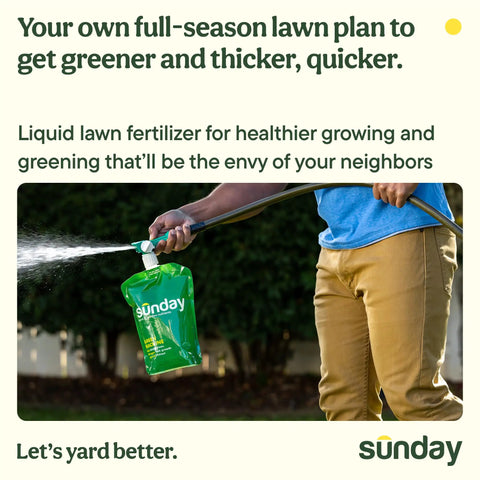 Person using Complete Seasonal Lawn Care Kit With a 4 Month Feeding System Includes Lawn Kickstart Water Focus Green Machine and Soil Test Kit and Analysis for All Grass Types Covering Up to 5000 Sq Ft liquid fertilizer outdoors