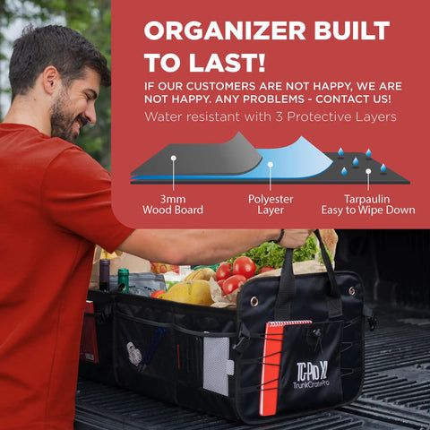 Man using XL Beefed Up Trunk Organizer For SUV And Truck With Six Adjustable Compartments And Non Slip Base