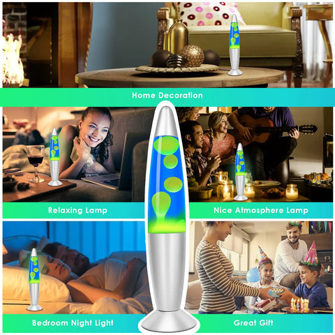 Collage of 13.8 Inch Liquid Motion Table Lamp With Green Wax In Blue Liquid used in various home settings as night light.