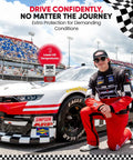 Racing car and driver with Engine Oil Treatment Additive that cuts noise and boosts performance at a racetrack.