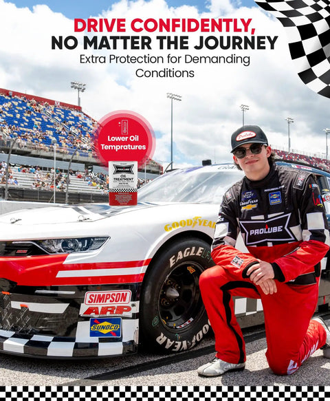 Racing car and driver with Engine Oil Treatment Additive that cuts noise and boosts performance at a racetrack.
