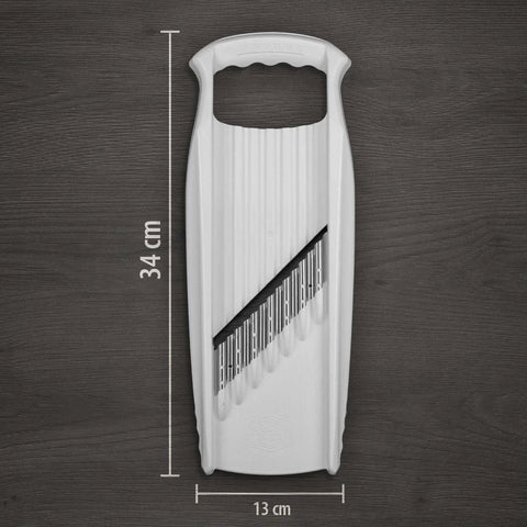Front view of Börner Wave-Waffle XXL PowerLine white crinkle-cut vegetable mandoline slicer with diagonal blade.