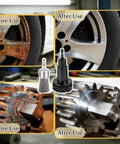 Before and after images of rust removal using Garage Ready Wheel Hub Cleaning Kit With Carbon Steel Wire Brushes And Five Heavy Duty Abrasive Pads For Knocking Out Gnarly Rust And Freshening Brake Rotors Fast.