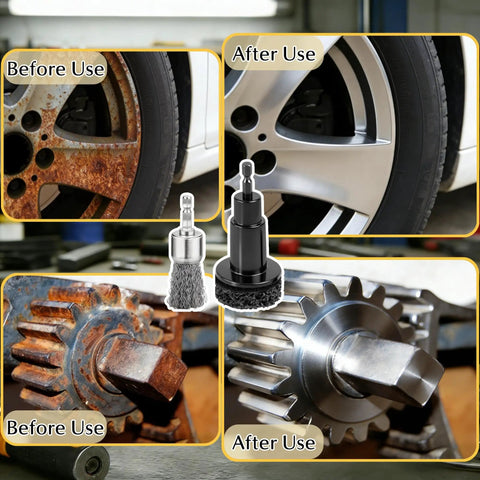 Before and after images of rust removal using Garage Ready Wheel Hub Cleaning Kit With Carbon Steel Wire Brushes And Five Heavy Duty Abrasive Pads For Knocking Out Gnarly Rust And Freshening Brake Rotors Fast.