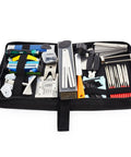 Open case showing 65 Piece Guitar Repair Kit For Pro Level Setup And Maintenance With Fret Leveling Beam Fret Crowning File Tools
