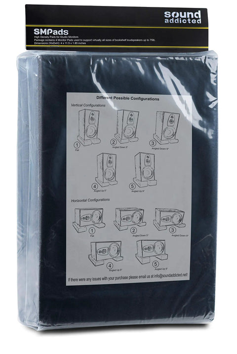 Packaging of Studio Monitor Isolation Pads For Home Studios showing setup configurations with illustrations