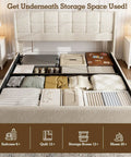 Heavy Duty King Size Upholstered Bed Frame Boasting Smooth Hydraulic Gas Lift Generous Hidden Underbed Storage And Plush Linen Cushioning For A Zero Mess Cozy Sleep Retreat with organized underbed storage.