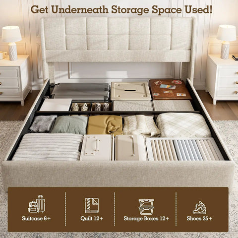 Heavy Duty King Size Upholstered Bed Frame Boasting Smooth Hydraulic Gas Lift Generous Hidden Underbed Storage And Plush Linen Cushioning For A Zero Mess Cozy Sleep Retreat with organized underbed storage.