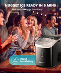 EUHOMY black nugget ice maker on countertop with clear lid showing ice