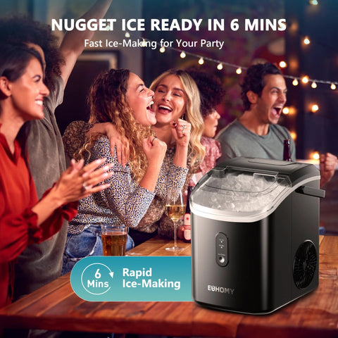 EUHOMY black nugget ice maker on countertop with clear lid showing ice