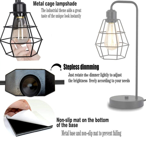 Black Edison Farmhouse Desk Lamp with metal cage shade, stepless dimmer, and non-slip base feature