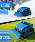 9 HP Gas RC Robotic Lawn Mower With Snow Plow for remote lawn care, 21.6 inch width, blue, shown clearing snow and grass