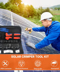Worker installing solar panel with Solar Crimping Tool Kit For Panel Connectors with crimper, connectors, and spanner.