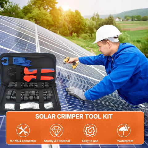 Worker installing solar panel with Solar Crimping Tool Kit For Panel Connectors with crimper, connectors, and spanner.