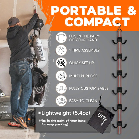Person installing multipurpose portable hanging rack for hockey gear, showcasing its six adjustable hooks and over-the-door design.