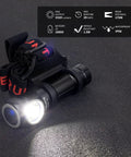 Beast Mode Bright USB C Rechargeable Headlamp With 3320 Lumens And 170 Meter Beam shown with light on, IPX8 rating visible.