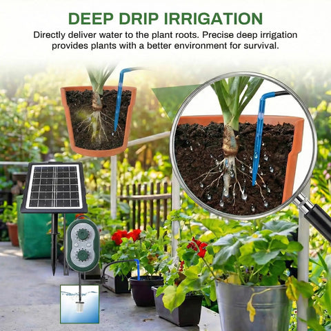 50Ft Solar Automatic Drip Irrigation Kit With USB Charging system in garden showing plant watering detail