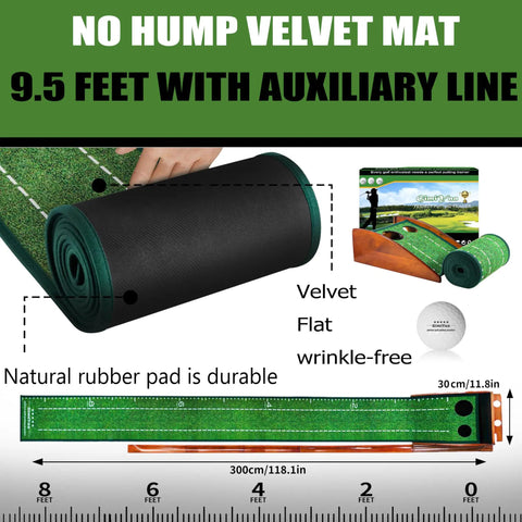 Rolled Indoor Outdoor Golf Putting Mat With Auto Ball Return System, Crystal Velvet Green On Sturdy Wood Base, 9.5 feet