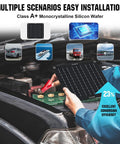 Hands holding 10W Solar Car Battery Charger Maintainer 12V Waterproof Portable Trickle Charger over car battery.