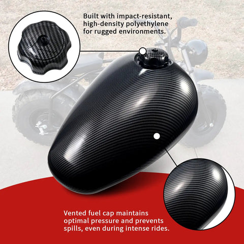 Gas Fuel Tank 5.5L Capacity HDPE Replacement For CT200U EX Axis M200 HS200 3 And 196cc Mini Bikes With Carbon Fiber Pattern shown with vented cap
