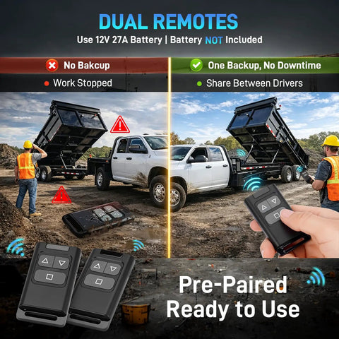 Beefed Up Long Range Wireless Dump Trailer Remote Control Kit For 12V Hydraulic System in use with tandem dump trailers
