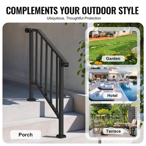 Heavy Duty Carbon Steel Outdoor Stair Handrail Kit Featuring Classic Retro Arch Design on a porch with steps.