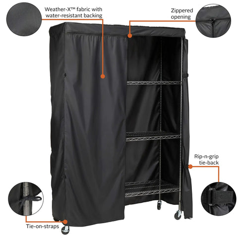 Weather-X Garage Shelf Cover for 48x18x72 Inch Shelving Units with Weather Resistant Backing and Full Zipper Access displayed