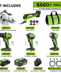 Rugged 24 Volt Cordless Tool Combo Featuring Drill And Impact Driver Plus Circular Saw And Multi Tool Includes Dual High Capacity Batteries Quick Charge Adapter And Mobile Power Bank For Hardcore Shop Beasts And Pro Crews with compact circular saw, drill driver, and multi tool.