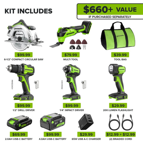 Rugged 24 Volt Cordless Tool Combo Featuring Drill And Impact Driver Plus Circular Saw And Multi Tool Includes Dual High Capacity Batteries Quick Charge Adapter And Mobile Power Bank For Hardcore Shop Beasts And Pro Crews with compact circular saw, drill driver, and multi tool.
