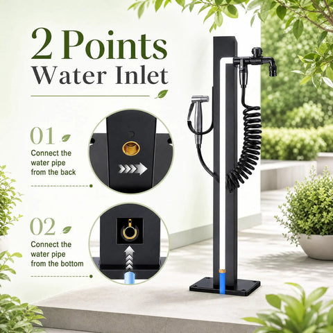 Built Like A Tank Frost Proof Yard Hydrant And Outdoor Faucet With Sprinkler Head showing water inlet connections and hose attachment.