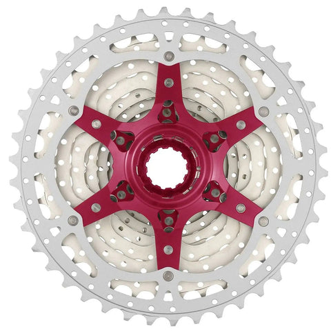 11 Speed Cassette 11 46T With A7075 Alloy Large Sprockets Unisex Silver Locking Ring And Spacers Included Lightweight 485g Fits UK Bike Hubs For Smooth Shifts And Easy Hill Climbs Street Ready Performance, silver 11-46T cassette front view