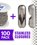 WAXAW Stainless Steel Number Six Beaded Ball Chain 100 Foot Spool And Number Six Connectors 100 Pack USA Made Bundle