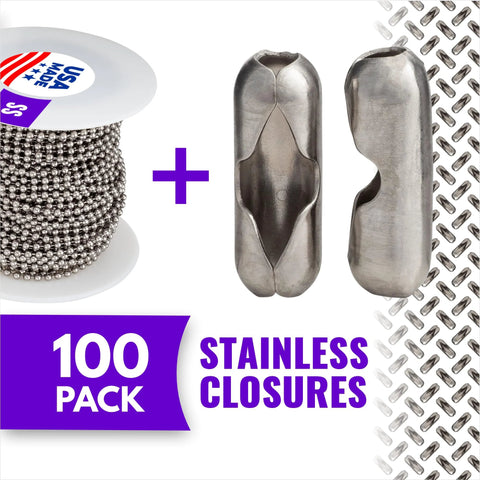 WAXAW Stainless Steel Number Six Beaded Ball Chain 100 Foot Spool And Number Six Connectors 100 Pack USA Made Bundle