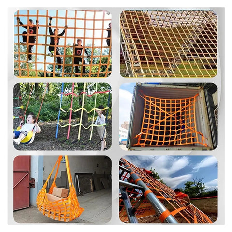 Heavy Duty Cargo Lifting Net 5X5 Feet Workhorse in various uses, showcasing rugged straps and strong mesh for lifting.